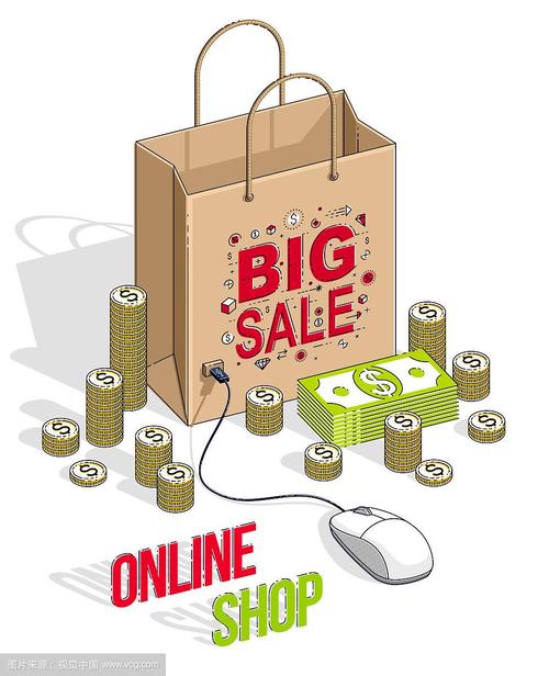 网上购物概念,网上商店,网上销售,购物袋与电脑鼠标和现金栈孤立在